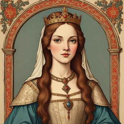 A queen in a golden crown looks directly at the viewer