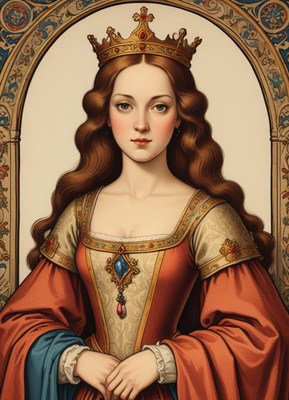 A queen in a red dress gazes at the viewer