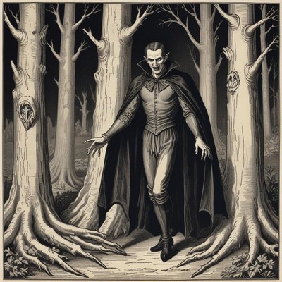 A vampire walks through a dark forest