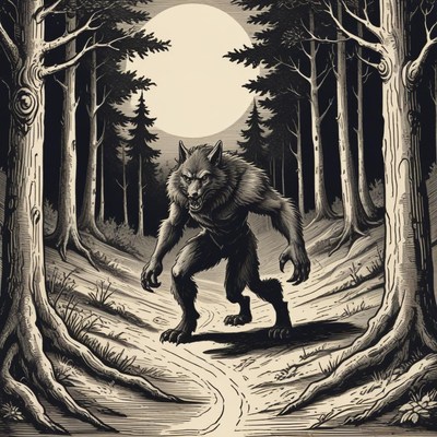 A werewolf walks through a forest under a full moon