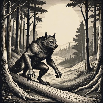 A werewolf walks through a forest