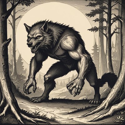 A werewolf walks through the woods under a full moon