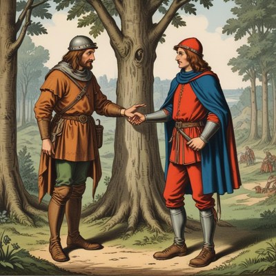Two men shake hands in a forest