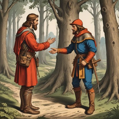 Two men greet each other in the forest