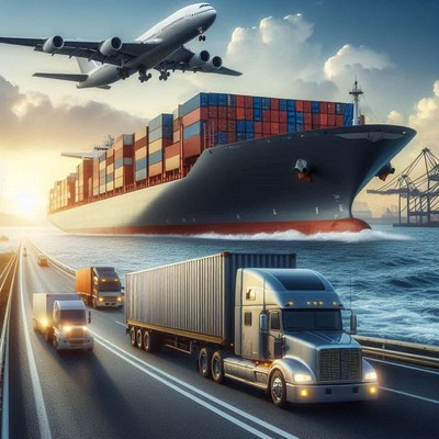 A cargo ship and plane transport goods at a port