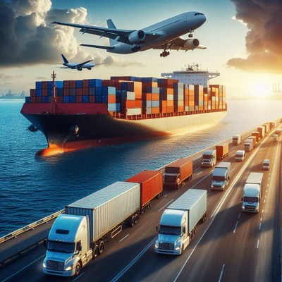 Cargo ship docked; trucks on highway nearby