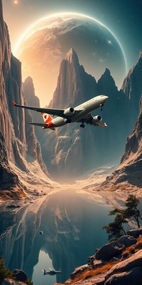 A plane flies over a mountain range and a lake