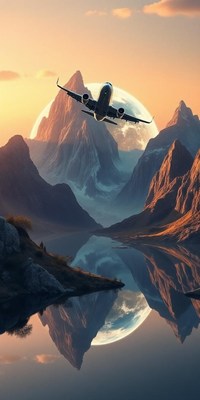 An airplane flies over a mountain range at sunset