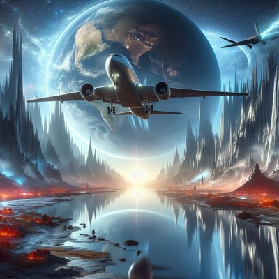 A plane soars over a futuristic landscape with earth