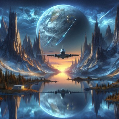 Plane flies in a valley with a giant planet behind