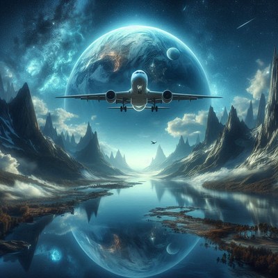 An airplane flies over a large, blue planet