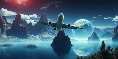 A plane takes off over a rocky mountain range