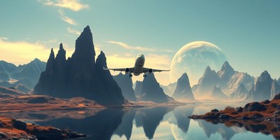 Plane flies over mountains beneath a large moon