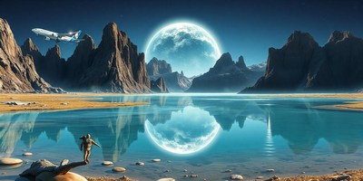 Person on a log by a lake, gazing at the moon