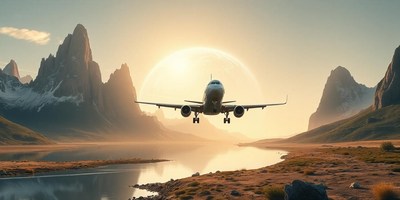 A plane flies over a valley at sunset