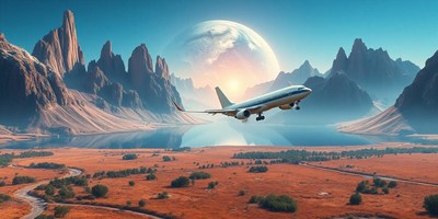 An airplane flies over a mountain range