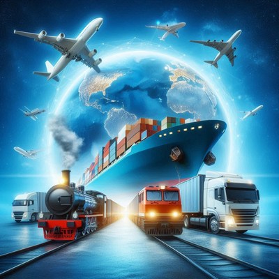 Cargo ship, train, and trucks move goods worldwide