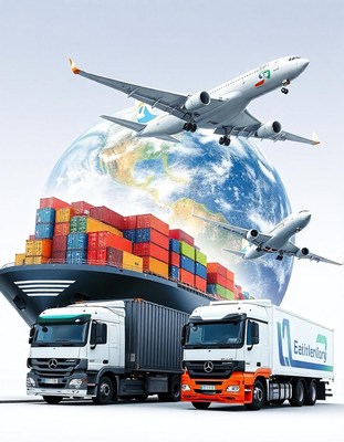 Cargo ships and trucks transport goods around the world