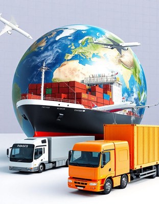 Cargo ships and trucks transport goods around the world