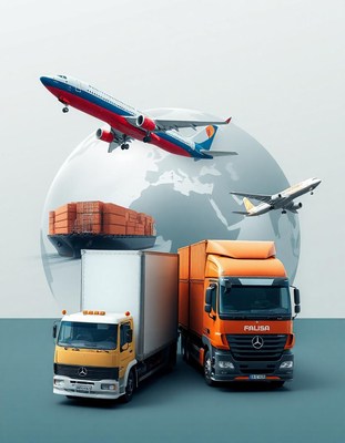 Two trucks and a plane fly over a globe