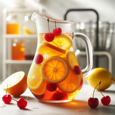 A pitcher of orange and cherry sangria sits on a table