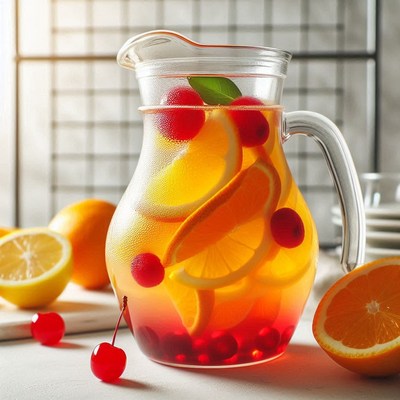 A pitcher of orange and cherry sangria sits on a table