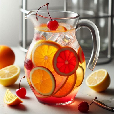 A pitcher of fruit-infused water with ice