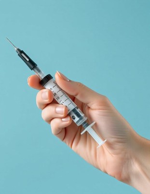 A hand holds a syringe against a blue background