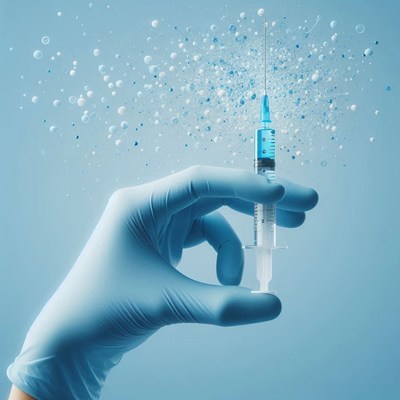 A gloved hand holds a syringe with blue liquid
