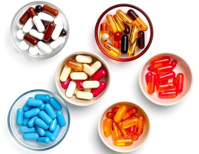 Colorful capsules in bowls on a white background