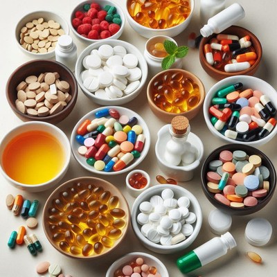A variety of pills are arranged in bowls on a table
