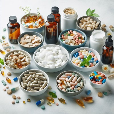 Various supplements in bowls on a table
