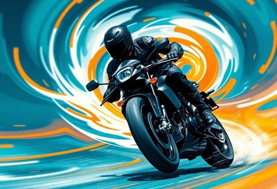 A motorcycle rider speeds through a blue and orange swirl
