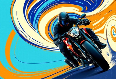 A rider speeds through a blue and orange swirl