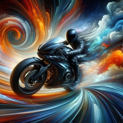 A rider zips through a swirling, abstract scene