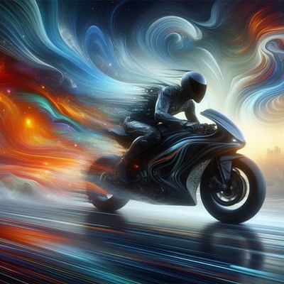 A rider zips across a surreal landscape on a bike