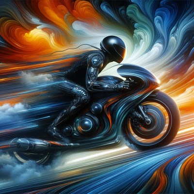 A rider speeds through a colorful, abstract landscape