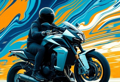 A rider on a blue motorcycle drives down a road