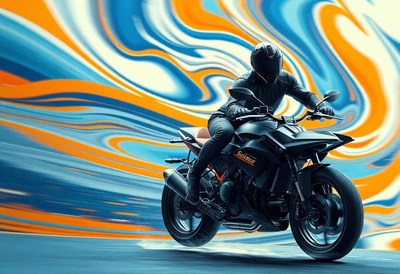 Rider races through a vibrant, abstract scene