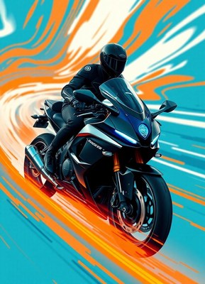 A rider speeds down the road on a black motorcycle