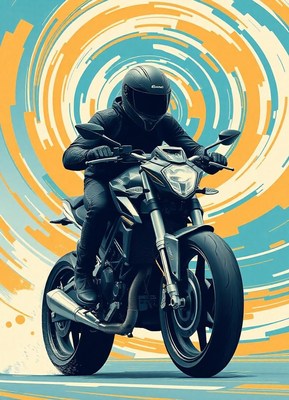 Rider on a motorcycle in a colorful swirl