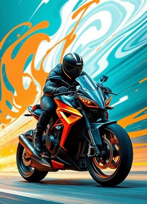 A rider speeds down a road on a motorcycle