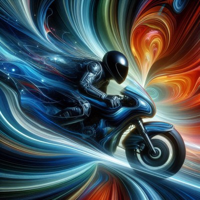 A motorcyclist speeds through a swirling, abstract landscape