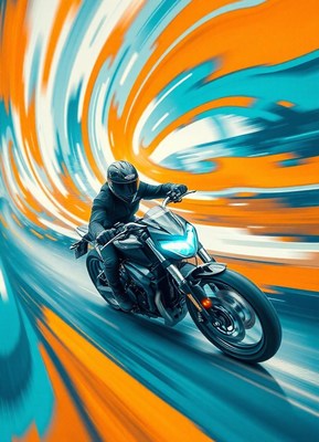 Motorcyclist zooms through a blue and orange tunnel