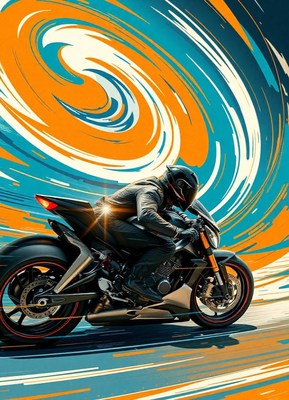 A rider speeds through a swirling pattern