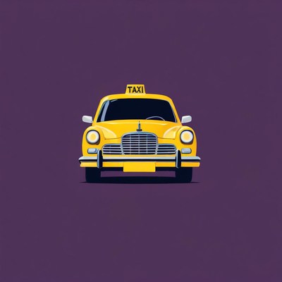 A yellow taxi is parked on a purple background