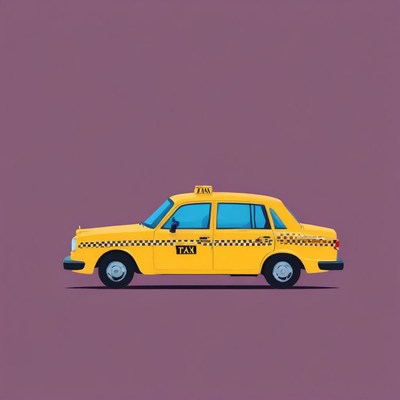 A yellow taxi drives on a purple background