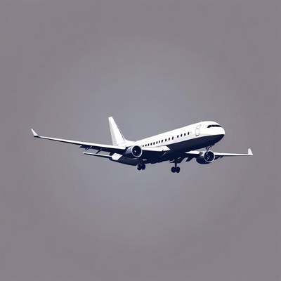 A white airplane is landing against a grey sky