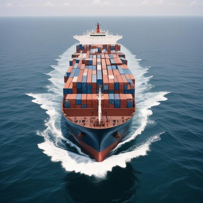 A large cargo ship sails through the ocean