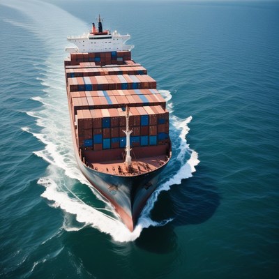 A large container ship sails through the ocean